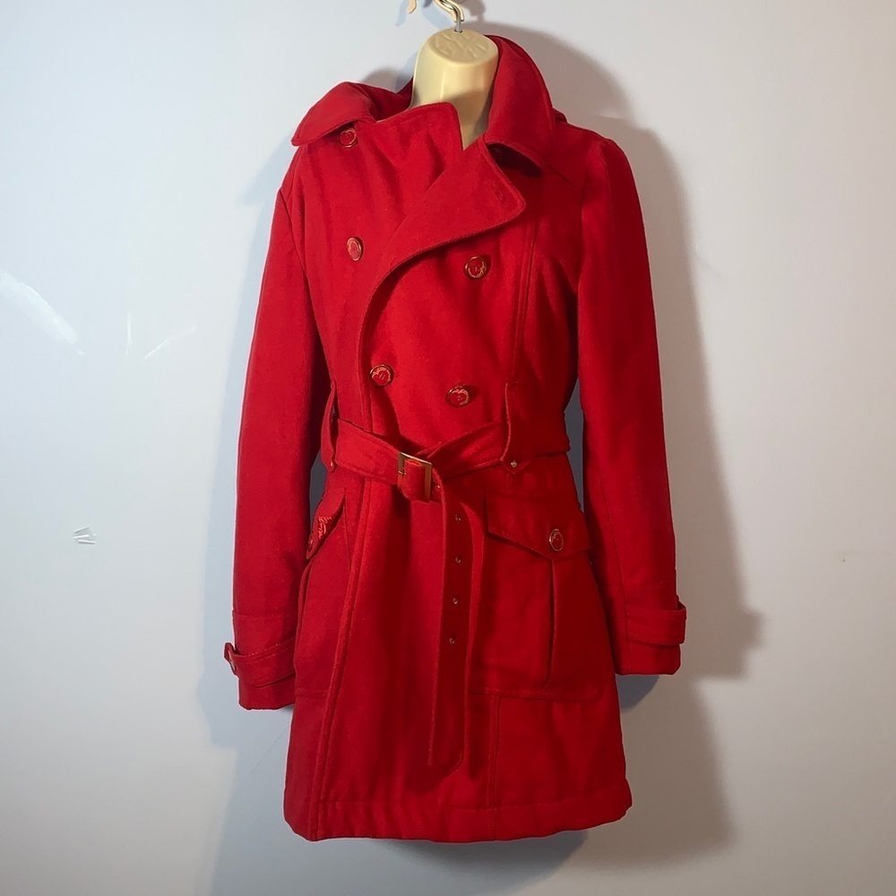 Apple Bottoms jeans Red wool blend hooded double breasted belted trench coat L